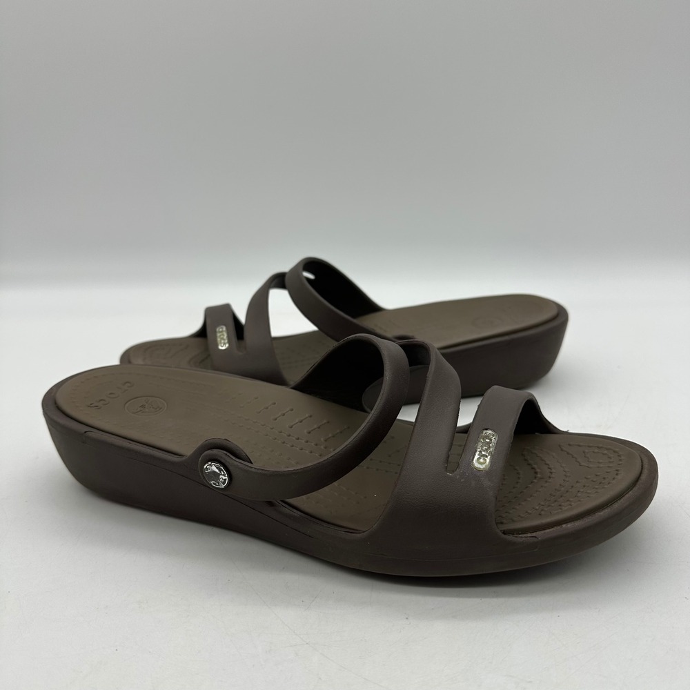 Crocs Patricia Womens Size 9 Brown Wedge Sandals Slip On tri-strap Comfort Shoes